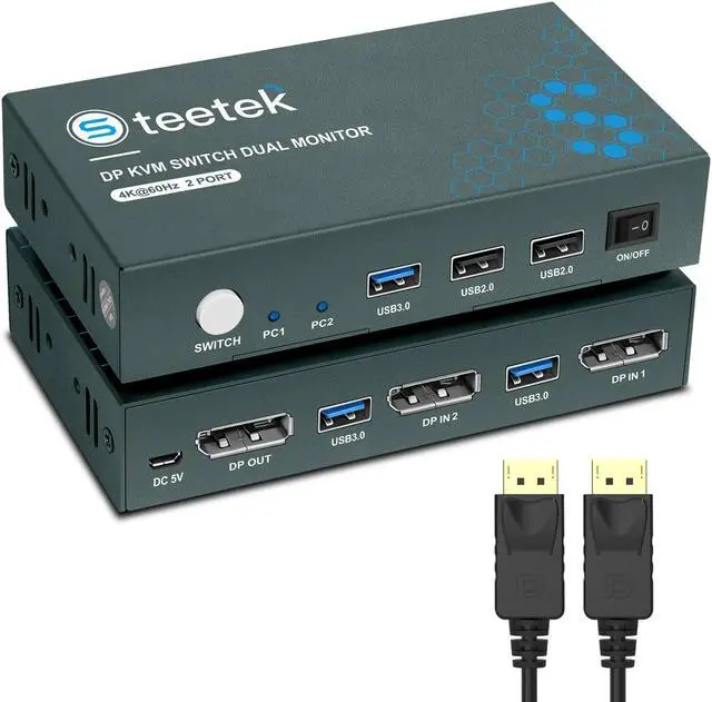 Steetek 2 Port DP USB 3.0 KVM Switch 4K 60Hz KVM Switch Displayport 2 in 1 Out. KVM Switch for 2 Computer Share 1 Monitor and USB 3.0 Hub Button Switch with 2 DP and 2 USB 3.0 Cable