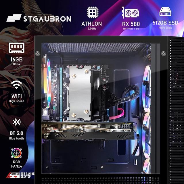 STGAubron Gaming Desktop PC AMD Athlon 3000G 3.5G Radeon RX 580 16G GDDR5 16G RAM 512G SSD 600M WiFi BT 5.0 RGB Fan X 4 RGB Keyboard & Mouse & Mouse Pad W11H64