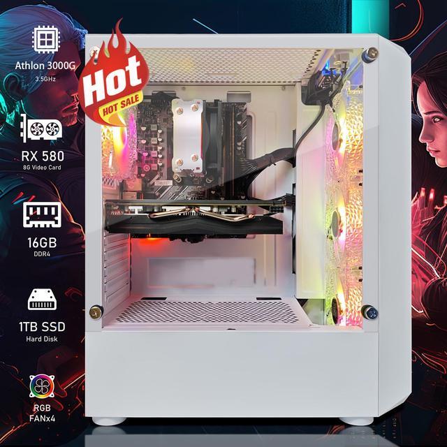 STGAubron Gaming Desktop PC AMD Athlon 3000G 3.5G Radeon RX 580 8G GDDR5 16G DDR4 Memory 1T SSD 600M WiFi BT 5.0 RGB Fan X 4 RGB Keyboard & Mouse & Mouse Pad W11H64