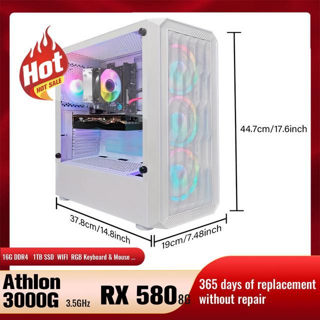 STGAubron Gaming Desktop PC AMD Athlon 3000G 3.5G Radeon RX 580 8G GDDR5 16G DDR4 Memory 1T SSD 600M WiFi BT 5.0 RGB Fan X 4 RGB Keyboard & Mouse & Mouse Pad W11H64