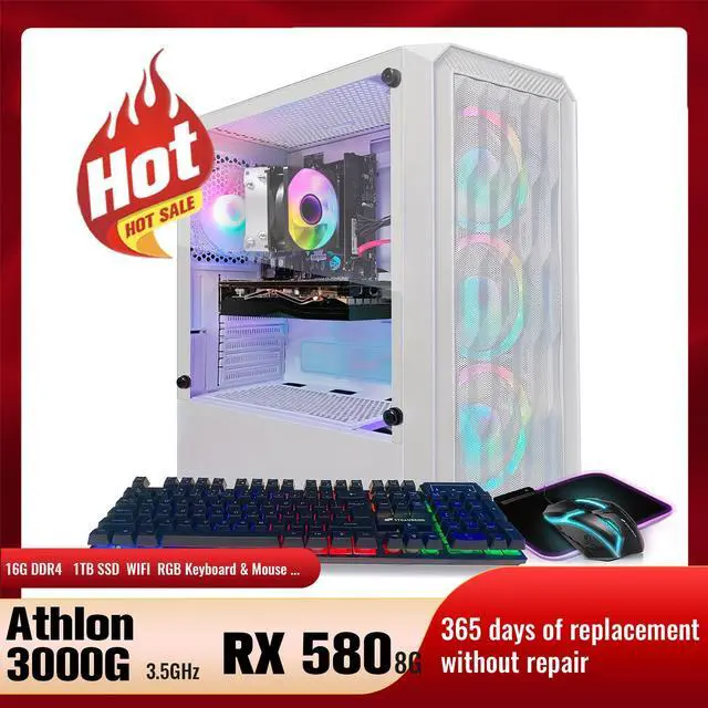 STGAubron Gaming Desktop PC AMD Athlon 3000G 3.5G Radeon RX 580 8G GDDR5 16G DDR4 Memory 1T SSD 600M WiFi BT 5.0 RGB Fan x 4 RGB Keyboard & Mouse & Mouse Pad W11H64