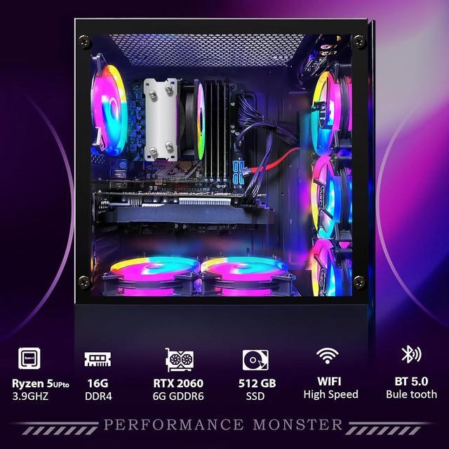 STGAubron Gaming Desktop PC AMD Ryzen 5 PRO 2600 Up To 3.9G 16G DDR4 512G SSD GeForce RTX 2060 6G GDDR6 600M WiFi BT 5.0 RGB Fan X 6 RGB Keyboard & Mouse & Mouse Pad W11H64
