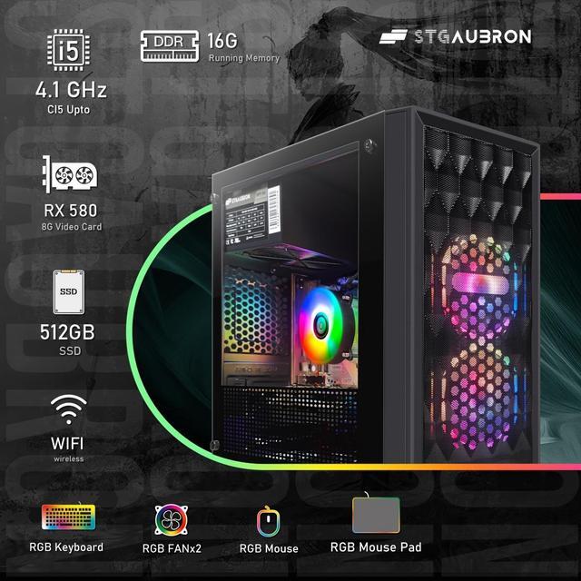 STGAubron Gaming PC Computer Desktop AMD Radeon RX 580 8G GDDR5 Intel Core I5-9400F Up To 4.1GHz 16GB DDR4 RAM 512GB SSD 600M WiFi BT 5.0 RGB Fan X 2 Windows 11 Home