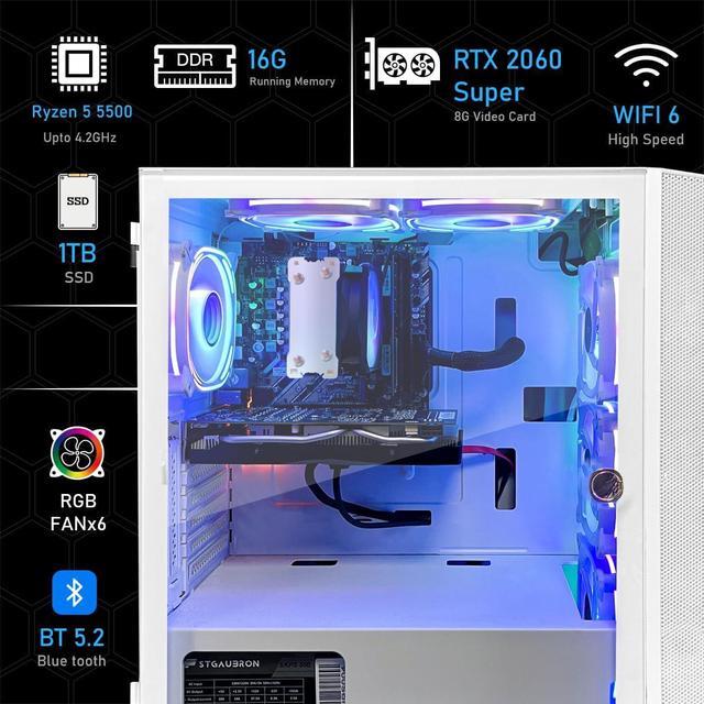 STGAubron Gaming PC Computer Desktop AMD Ryzen 5 5500 Up To 4.2GHz GeForce RTX 2060 Super 8G 16GB DDR4 RAM 1TB SSD WiFi 6 5G Supported & BT 5.2 RGB Fan X6 Windows 11 Home