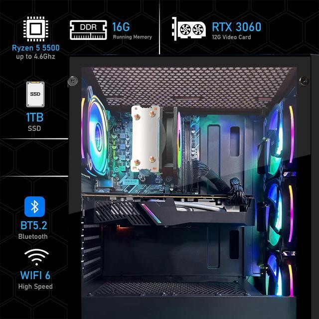 STGAubron Gaming PC Computer Desktop AMD Ryzen 5 5500G Up To 4.2Ghz GeForce RTX 3060 12G Graphics 16G DDR4 RAM 1T SSD WIN11H
