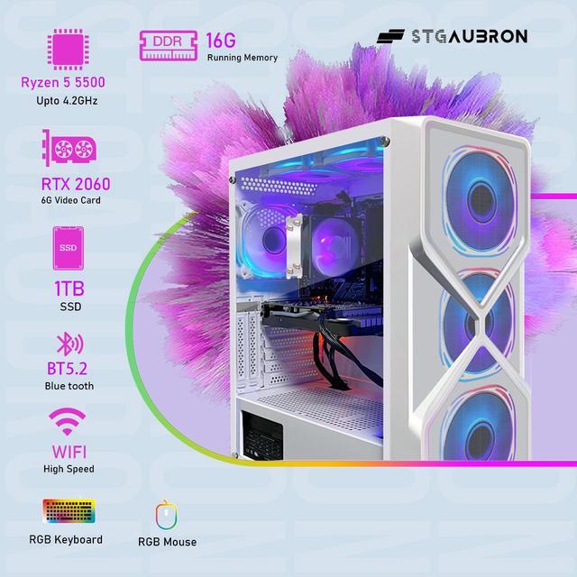 STGAubron Gaming PC Computer Desktop AMD Ryzen 5 5500 Up To 4.2GHz GeForce RTX 2060 6G Graphics 16G DDR4 RAM 1TB SSD WiFi 6 5G & BT 5.2 RGB Fan X6 Windows 11 Home