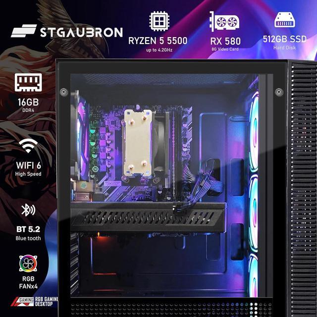 STGAubron Gaming PC Computer Desktop AMD Ryzen 5 5500 Up To 4.2GHz AMD Radeon RX 580 8G 16GB DDR4 RAM 512GB SSD WiFi 6 5G & BT 5.2 RGB Fan X4 Windows 11 Home