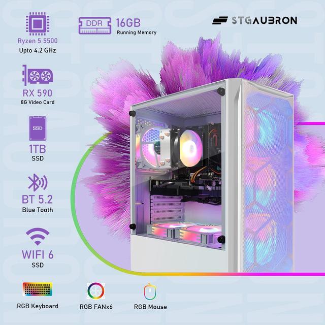 STGAubron Gaming PC Computer Desktop AMD Ryzen 5 5500 Up To 4.2Ghz GeForce RTX 2060 6G Graphics 16G DDR4 RAM 1T SSD WiFi 6 BT 5.2 RGB Fan X6 Windows 11 Home