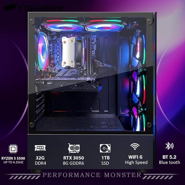 STGAubron Gaming PC Computer Desktop AMD Ryzen 5 5500 Up To 4.2GHz GeForce RTX 3050 6G Graphics 32G DDR4 RAM 1TB SSD WiFi 6 5G & BT 5.2 RGB Fan X6 Windows 11 Home