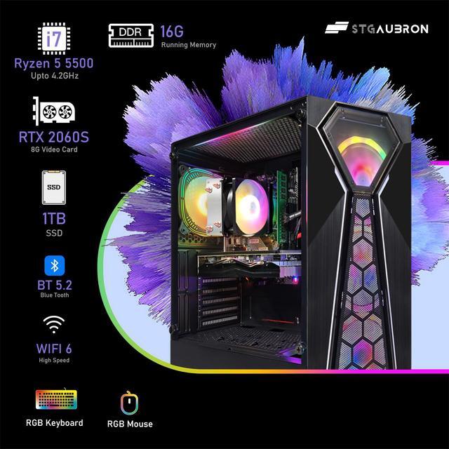 STGAubron Gaming PC Computer Desktop AMD Ryzen 5 5500 Up To 4.2G GeForce RTX 2060 Super 8G 16G DDR4 1T SSD WiFi 6 BT 5.2 RGB Fan X4 Windows 11 Home