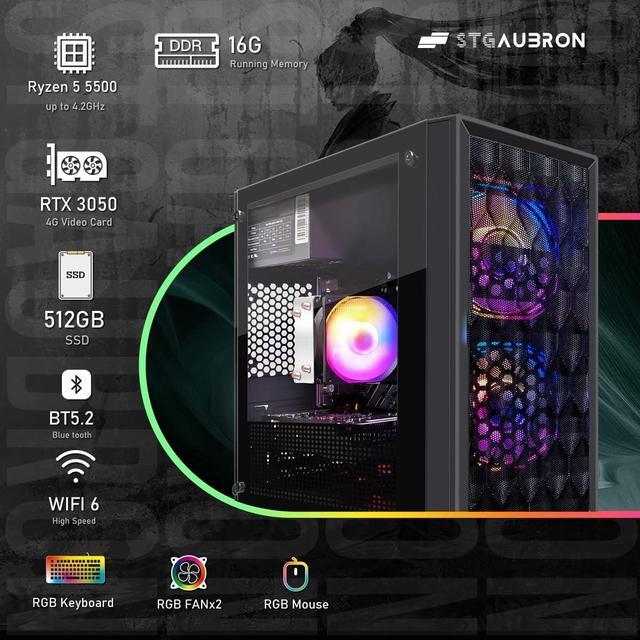 STGAubron Gaming PC Computer Desktop AMD Ryzen 5 5500 Up To 4.2GHz GeForce RTX 3050 6G 16GB DDR4 RAM 512GB SSD WiFi 6 5G Supported & BT 5.2 RGB Fan X2 Windows 11 Home