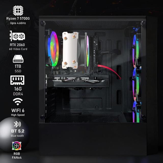 STGAubron Gaming PC Computer Desktop AMD Ryzen 7 5700G Up To 4.6Ghz GeForce RTX 2060 6G Graphics 16G DDR4 RAM 1TB SSD WIN11H