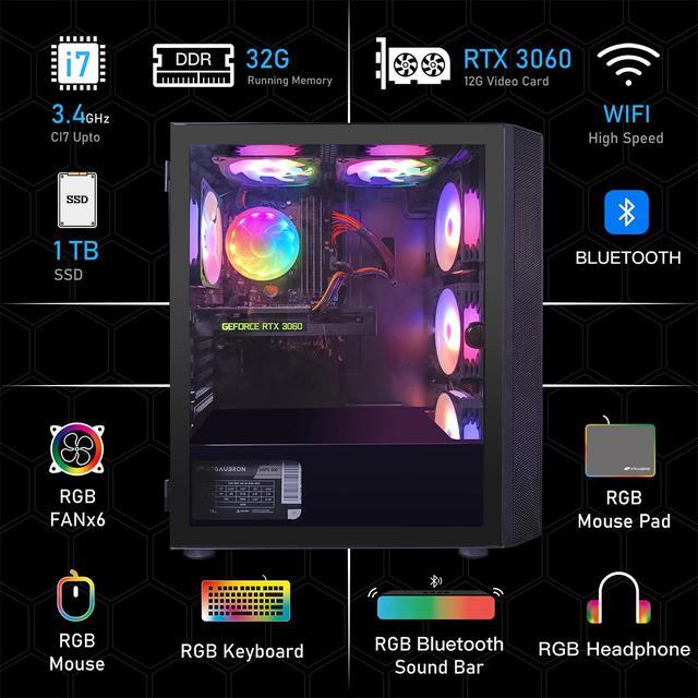 STGAubron Gaming PC Computer Desktop GeForce RTX 3060 12G Graphics Intel Core I7 Up To 3.9Ghz 32GB RAM 1TB SSD WIN11H