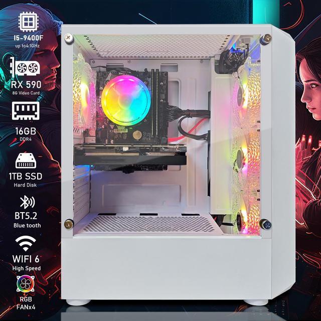 STGAubron Gaming PC Computer Desktop Intel Core I5-9400F Up To 4.3Ghz Radeon RX 590 8G Graphics 16G DDR4 RAM 1TB SSD WiFi 6 BT 5.2 RGB Fan X6 Windows 11 Home