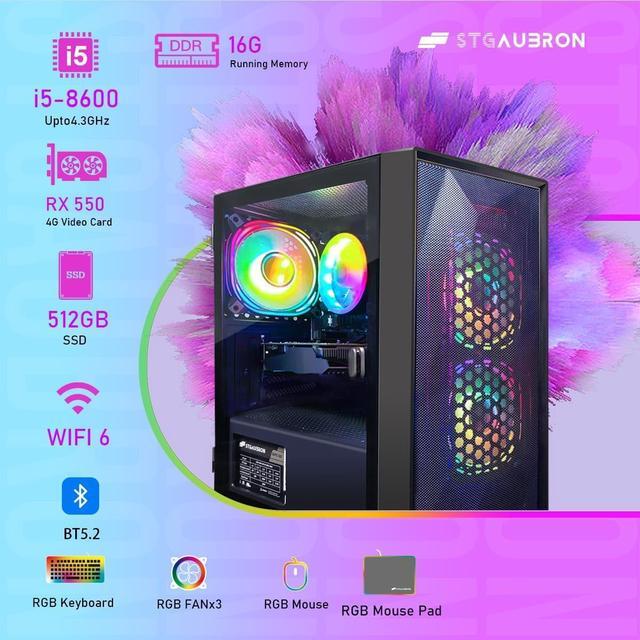 STGAubron Gaming PC Computer Desktop Intel Core I5-8600 Up To 4.3G AMD Radeon RX 550 4G 16GB DDR4 RAM 512GB SSD WiFi 6 5G Supported BT 5.2 RGB Fan X3 Windows 11 Home