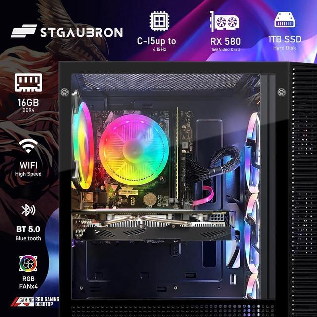 STGAubron Gaming PC Computer Desktop Intel Core I5-9400F Up To 4.1GHz Radeon RX 580 16G Graphics 16GB DDR4 RAM 1TB SSD 600M WiFi BT 5.0 RGB Fan X 4 Windows 11 Home