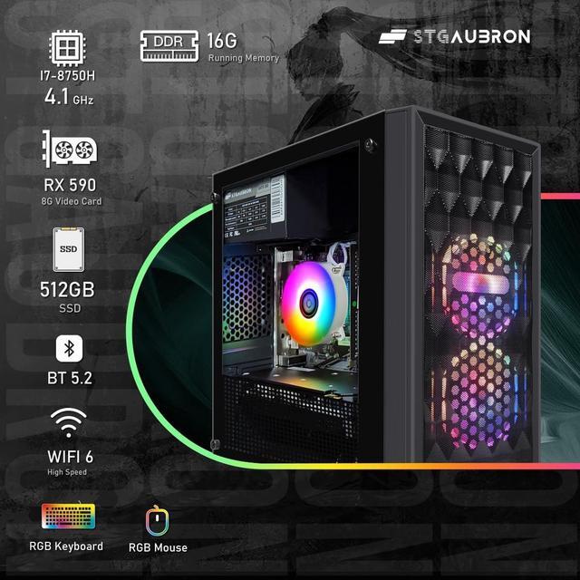 STGAubron Gaming PC Computer Desktop Intel Core I7 8th Gen Up To 4.1GHz Radeon RX 590 8G Graohics 16G DDR4 RAM 512G SSD WIN11H