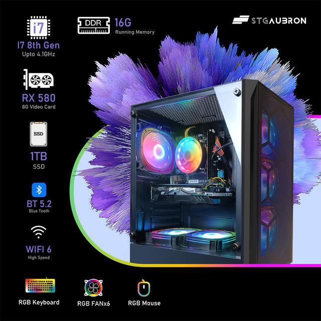 STGAubron Gaming PC Computer Desktop Intel Core I7 8th Gen Up To 4.1G Radeon RX 580 8G Graphics 16G DDR4 RAM 1TB SSD WiFi 6 BT 5.2 RGB Fan X6 Windows 11 Home
