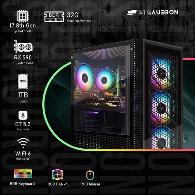 STGAubron Gaming PC Computer Desktop Intel Core I7 8th Gen Up To 4.1Ghz Radeon RX 590 8G Graphics 32G DDR4 RAM 1TB SSD WiFi 6 BT 5.2 RGB Fan X4 Windows 11 Home