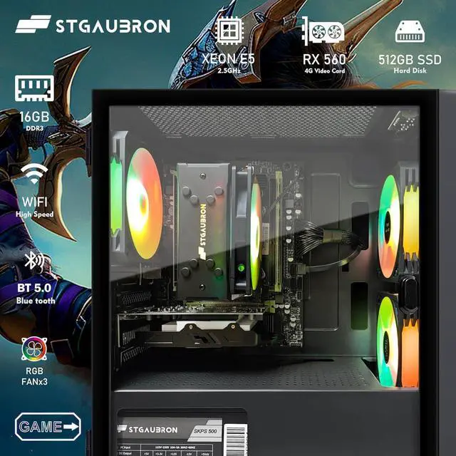 STGAubron Gaming PC Computer Desktop Radeon RX 560 4GB Intel i7 Xeon E5 up to 3.0GHz 16GB RAM 512GB SSD WiFi BT 5.0 RGB Fan x3 Windows 10 Home for Gamer Streaming