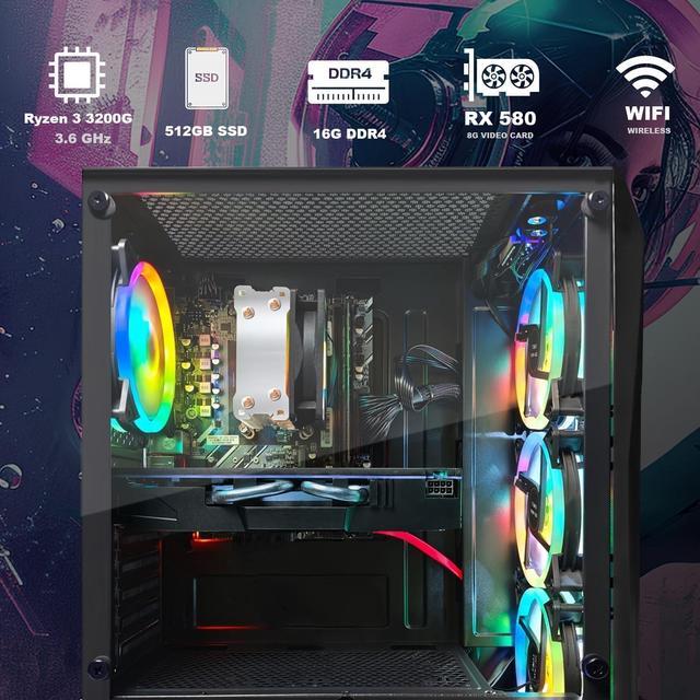 STGAubron Gaming PC Desktop Computer AMD Ryzen 3 3200G 3.6 GHz Radeon RX 580 8G GDDR5 16G RAM 512G SSD 600M WiFi BT 5.0 RGB Fan X 4 Windows 11 Home