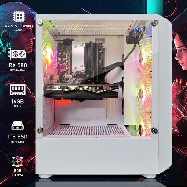 STGAubron Gaming PC Desktop Computer AMD Ryzen 3 3200G 3.6 GHz AMD Radeon RX 580 8G GDDR5 16GB DDR4 RAM 1TB SSD 600M WiFi BT 5.0 RGB Fan X 4 Windows 11 Home