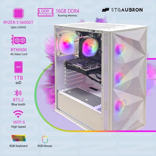 STGAubron Gaming PC Desktop Computer AMD Ryzen 5 5600GT Up To 4.6Ghz AMD Radeon RX 6500 4G Graphics 16G DDR4 RAM 1T SSD WiFi 6 & BT 5.2 RGB Fan X4 Windows 11 Home White