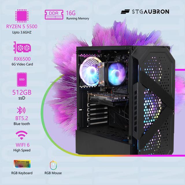 STGAubron Gaming PC Desktop Computer AMD Ryzen 5 5500 Up To 4.2Ghz AMD Radeon RX 6500 4G Graphics 16GB DDR4 RAM 512GB SSD WiFi 6 BT 5.2 RGB Fan X4 Windows 11 Home