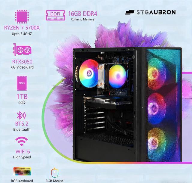STGAubron Gaming PC Desktop Computer AMD Ryzen 7 5700X Up To 4.6Ghz GeForce RTX 3050 6G Graphics 16GB DDR4 RAM 1TB SSD WiFi 6 & BT 5.2 RGB Fan X4 Windows 11 Home