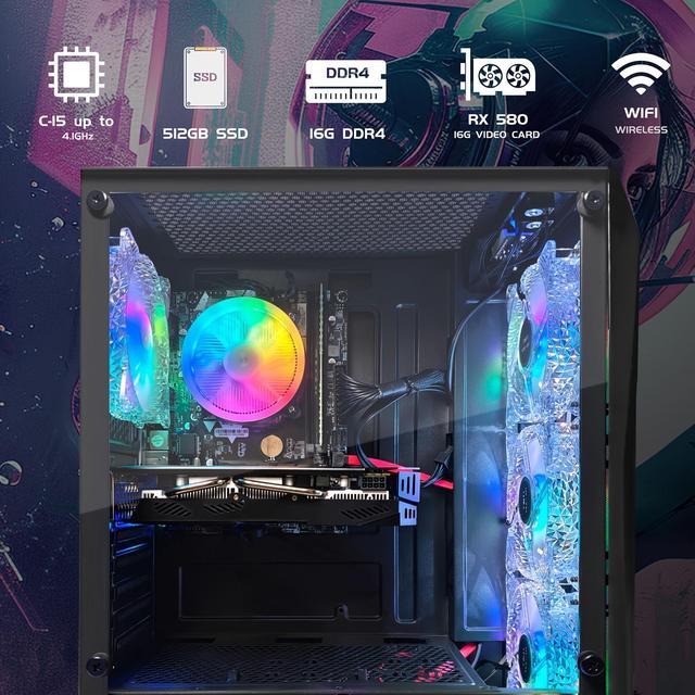 STGAubron Gaming PC Desktop Computer Intel Core I5-9400F Up To 4.1GHz AMD Radeon RX 580 16G 16GB DDR4 RAM 512GB SSD 600M WiFi BT 5.0 RGB Fan X4 Windows 11 Home