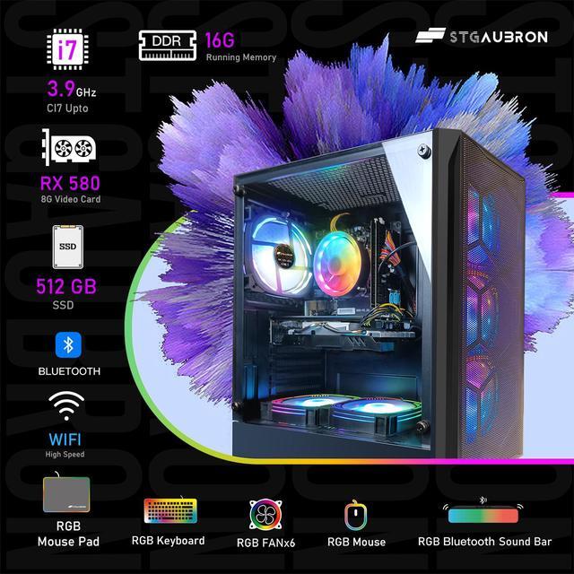 STGAubron Gaming PC Desktop Computer Intel Core I7 Up To 3.9 GHz Radeon RX 580 8G Graphics 16G RAM 512G SSD WiFi Bluetooth 5.0 RGB Fan X6 Windows 11 Home