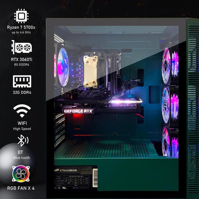 STGAubron Gaming PC Desktop GeForce RTX 3060 Ti 8G Graphics AMD Ryzen 7 5700X Up To 4.6Ghz 32G DDR4 RAM 1TB SSD 600M WiFi BT 5.0 RGB Fan X 4 Windows 11 Home
