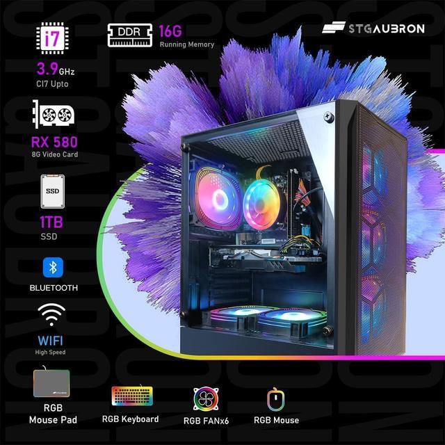 STGAubron Gaming PC Desktop Intel Core I7 Up To 3.9Ghz Radeon RX 580 8G Graphics 16G RAM 1T SSD WiFi BT 5.0 RGB Fan X6 RGB BT Sound Bar & Headphone Windows 11 Home