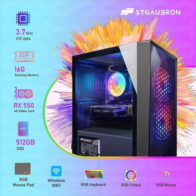 STGAubron Prebuilt Gaming PC Desktop Radeon RX 550 4G GDDR5 Graphics Intel Core I5 Up To 3.7GHz 16G RAM 512G SSD WiFi 6 BT 5.2 RGB Fan X2 Windows 11 Home