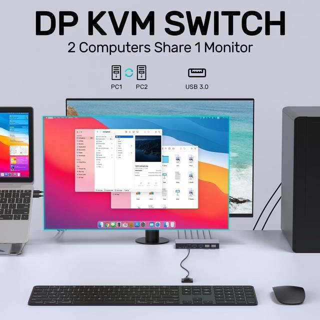 SUIDEK Displayport KVM Switch 2 Computers 1 Monitor 8K 60Hz 4K 144Hz USB 3.0 DP KVM Switches For Two Computers Share One Screen With 4 USB Ports Includes Desktop Controller And 5V Power Adapter