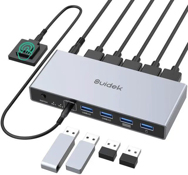 SUIDEK Displayport KVM Switch 2 Computers 1 Monitor 8K 60Hz 4K 144Hz USB 3.0 DP KVM Switches for Two Computers Share one Screen with 4 USB Ports Includes Desktop Controller and 5V Power Adapter