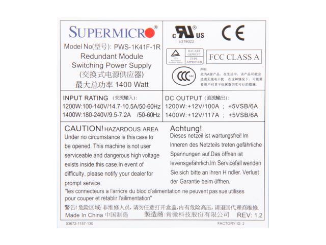 SuperMicro PWS-1K41F-1R 24Pin 1400W 1U Server Power Supply 80Plus Gold Front Loaded