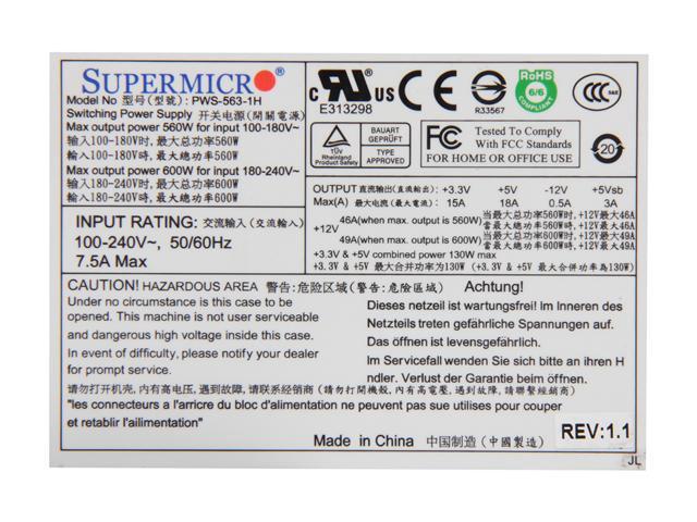SuperMicro PWS-563-1H 24Pin 560W 1U Multi Output Server Power Supply 80PLUS Gold