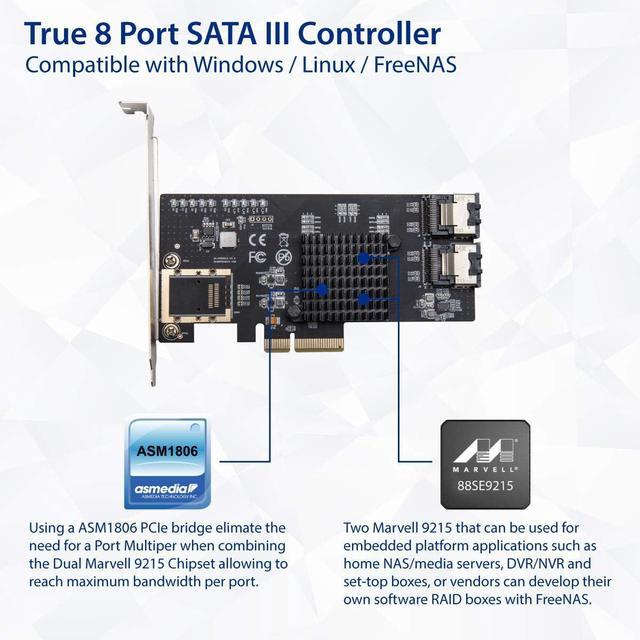 Syba 8 Port SATA III Non-RAID PCI-e X4 Expansion Card Supports FreeNAS And ZFS RAID - Includes Mini SAS To SATA Breack Out Cables (SI-PEX40137)