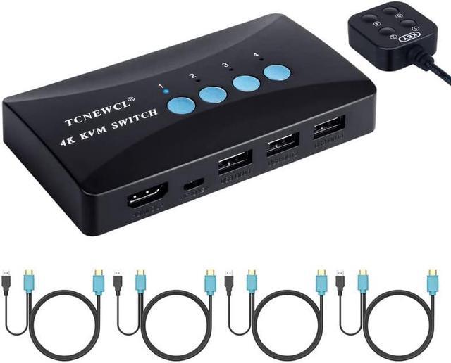 TCNEWCL 4 Port HDMI KVM Switch 4K 30Hz + 2 Pcs 5ft 2-in-1 USB HDMI KVM Cable