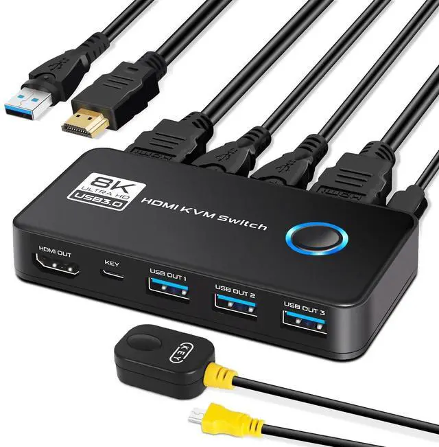 TCNEWCL 8K HDMI KVM Switch 8K 60Hz 4K 120Hz KVM for 2 Computer Share 1 Monitor 3 USB 3.0 Devices Included 2 HDMI Cables and 2 USB Cables
