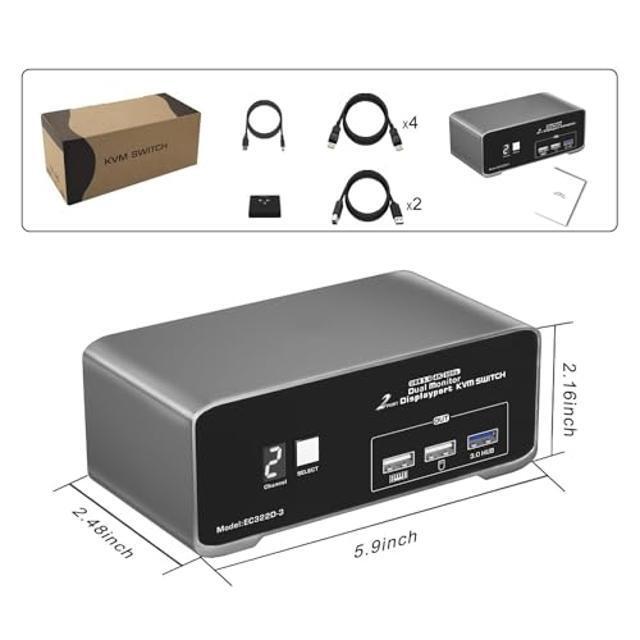Terived 2 Port USB3.0 Displayport KVM Switch Dual Monitor 4K 60Hz With Wired Remote 2 Monitors 2 Computers DP1.2 USB3.0 Switch Box Digtal Display Aluminum Body Cable Included
