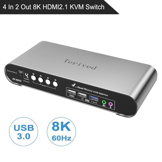Terived 4 Computers 2 HDMI Monitor Automatic KVM Switch 8K 60Hz Hotkey Switching EDID With Audio And Microphone Aluminum Shell With Digital Display USB 3.0 Hub HDR10 With Cables