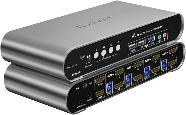 Terived 4 Computers 2 HDMI Monitor Automatic KVM Switch 8K 60Hz Hotkey Switching EDID with Audio and Microphone Aluminum Shell with Digital Display USB 3.0 Hub HDR10 with Cables