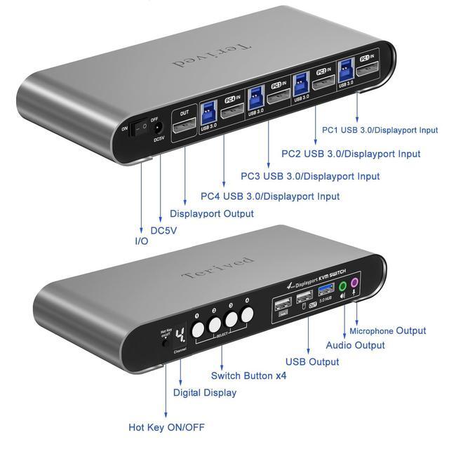 Terived 4 Computers And 1 Monitor DP USB 3.0 KVM Switch 4K 144Hz With Hotkey Switching And Audio Port Digital Display Aluminum Body Cables Inclued