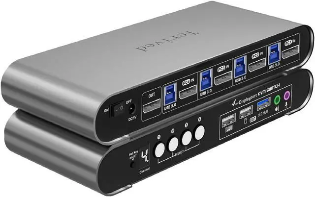 Terived 4 Computers and 1 Monitor DP USB 3.0 KVM Switch 4K 144Hz with Hotkey Switching and Audio Port Digital Display Aluminum Body Cables inclued