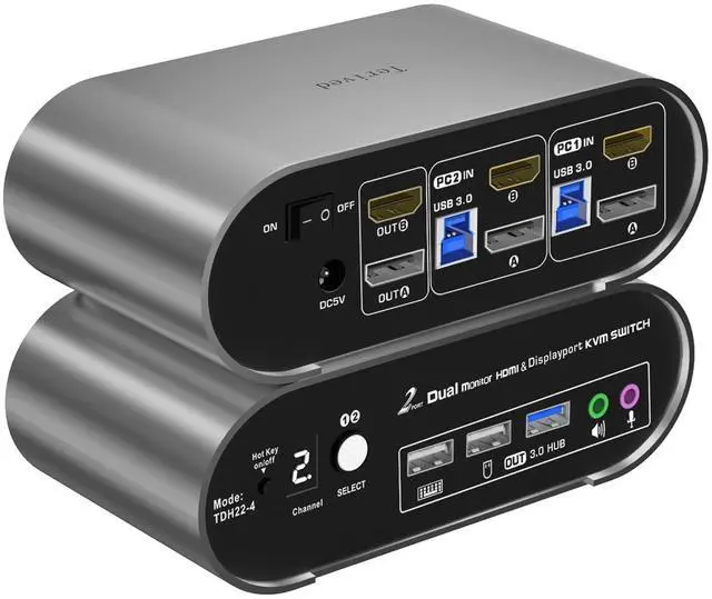 Terived HDMI(4K144Hz)&DP(4K60Hz) Monitor KVM Switch 4K60Hz Audio Microphone hotkey EDID with Cables