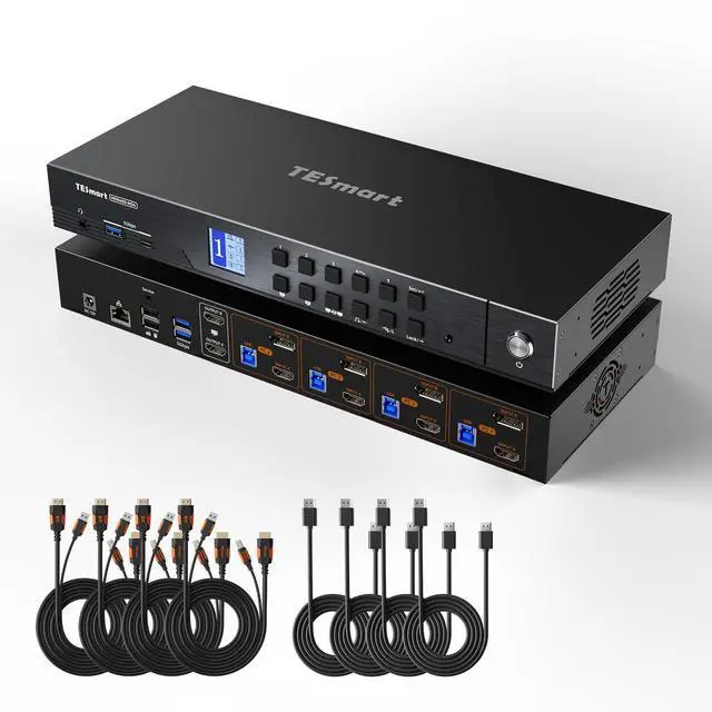 TESmart 4K 144Hz Displayport+HDMI KVM Switch 2 Monitors 4 Computers HDMI 2.1 & DP 1.4 KVM Switch Dual Monitor 8K 60Hz Support EDID Gigabit Network Hotkey Switch VRR All Input Cables