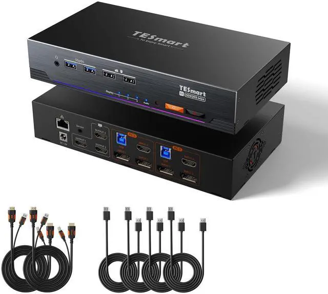 TESmart 4K 144Hz Displayport + HDMI KVM Switch 3 Monitors 2 Computers USB 3.0 HDMI 2.1&DP 1.4 KVM Switch Triple Monitors 8K 60Hz Gaming Support EDID Gigabit Network VRR All Input Cables Included