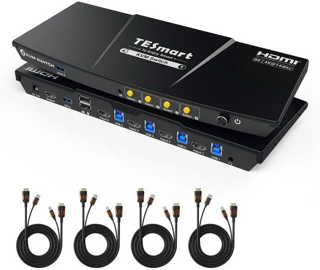 TESmart 8K 60Hz HDMI KVM Switch 1 Monitor 4 Computers USB 3.0 KVM Switch 4 Port 4K 144Hz for Gaming Custom Hotkey Switch EDID Audio&Microphone ADI Chip and All Input Cables
